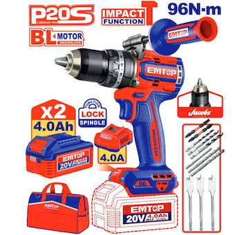Emtop ECIDL209686E Aku vrtací šroubovák s příklepem 20V 96Nm 2x4.0Ah