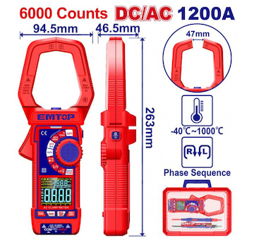 Emtop EDMR7610002 Digitální klešťový multimetr AC/DC 1200A RMS 6000