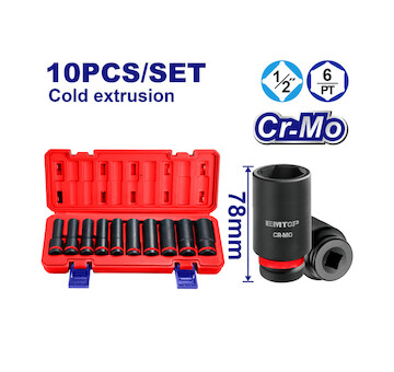 Emtop EMSS12102L Sada 10 ks prodloužených rázových nástrčných hlavic 1/2