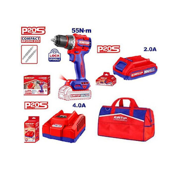Emtop ZZ00000178 EMTOP aku set, vrtací šroubovák 20V 55Nm, akumulátor 2.0Ah, nabíječka 4A, taška