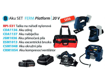 Ferm aku sada nářadí B, taška RPI-531, přímočará pila JSM1036, excentrická bruska ESM1013, okružní pila CSM1048, kompresor CRM1054, zdroj 2.0Ah CDA1136, nabíječka CDA1137