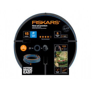 Fiskars 1027678 Sada zavlažovací hadice Premium 13 mm (1/2”) 15 m s držákem na hadice