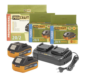 Sada dvě baterie 20V 4Ah Procraft 20/4 Turbo a nabíječka na dvě baterie 20/2 | S20-4TURBO/20-2