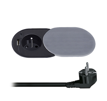 Solight 1z + USB A+C 20W PD vestavná zásuvka s posuvným víčkem, 2m, stříbrná