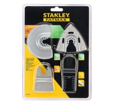 Stanley STA26160-XJ Segmentový karbidový kotouč O 92 mm, tl. > 3 mm, delta karbidová rašple 73 x 75 mm, pevná škrabka HCS 52 x 26 mm, ponorný pilový list BiMetal 32 x 40 mm, 18 TPI STA26160