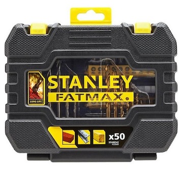 Stanley STA88542-XJ 50dílná sada vrtáků do kovu Titanium/dřeva/zdiva, šroubovací bity, magnetický držák bitů, záhlubník 12 mm