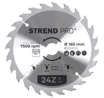 Strend Pro 2232018 TCT 160x2,2x20/16 mm 24T, pilový kotouč na dřevo, SK plátky