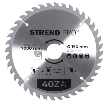 Strend Pro 2232028 TCT 190x2,4x30/20 mm 40T, pilový kotouč na dřevo, SK plátky
