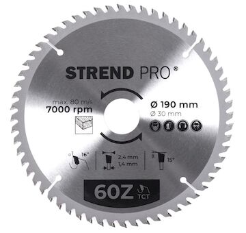 Strend Pro 2232029 TCT 190x2,4x30/20 mm 60T, pilový kotouč na dřevo, SK plátky