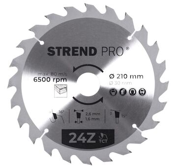 Strend Pro 2232030 TCT kotouč 210x2,6x30/20 mm 24Z, na dřevo, pilový kotouč, SK plátky