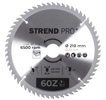 Strend Pro 2232032 TCT kotouč 210x2,6x30/20 mm 60T, na dřevo, pilový kotouč, SK plátky