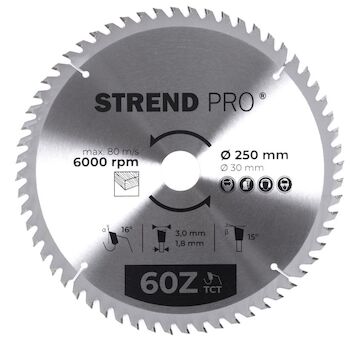 Strend Pro 2232034 TCT 250x3,0x30/20 mm 60T, pilový kotouč na dřevo, SK plátky