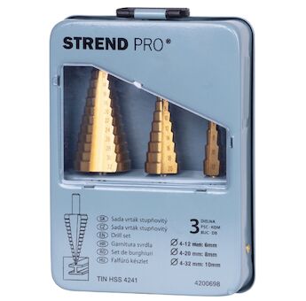Strend Pro 4200698 Sada stupňovitých vrtáků SS421, 4-12, 4-20, 4-32 mm, TiN, HSS 4241 rovné, do kovu