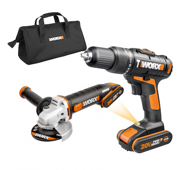 WORX 45900963 WX963 - Aku vrtačka s příklepem a aku úhlová bruska 20V, 2x 2.0Ah - Powershare