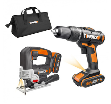 WORX 45900967 WX967 - Aku vrtačka s příklepem  a aku přímočará pila 20V, 2x 2.0A - Powershare